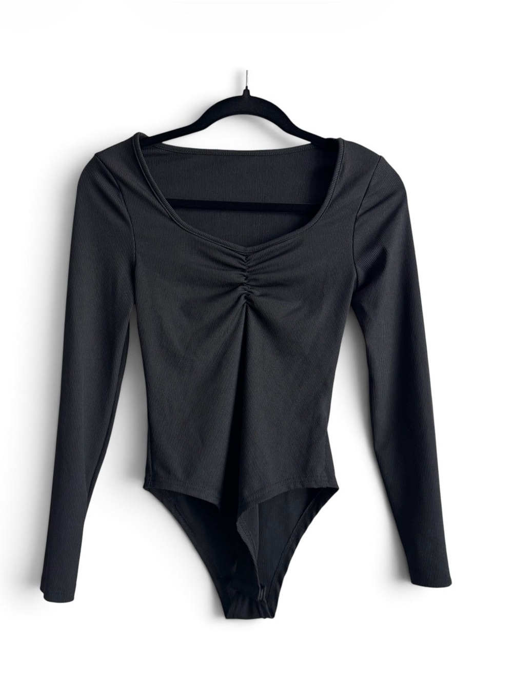 NWOT Black Ribbed Long Sleeve Bodysuit Ruched Sweetheart Size S